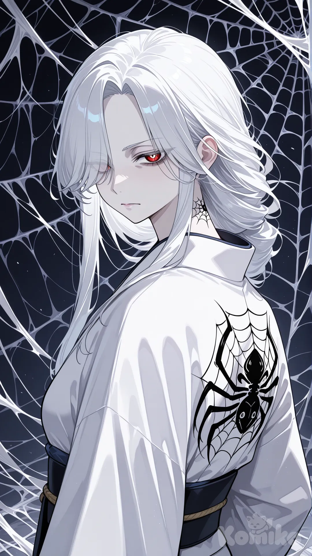 Wanita tua, Laba-laba humanoid, mata dengan enam pupil, kimono putih, rambut putih bersih. Berdiri di atas jaring Laba-laba, serius, fokus wajah dan badan, kulit putih pucat, tatto Laba-laba di punggung
