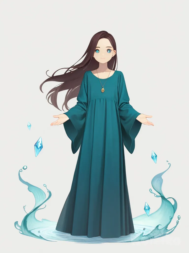 1girl, solo, young woman, wind mage, intelligent expression, calm, composed pose, distant gaze, flowing robes, pendant necklace with crystal, air currents, ethereal wind effects, single character, full body, looking at viewer, anime style, simple background, white background