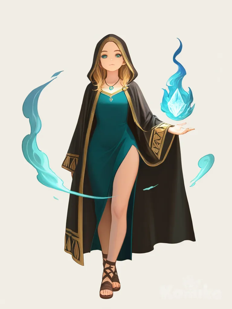 1girl, solo, young woman, wind mage, intelligent expression, calm, composed pose, distant gaze, flowing robes, pendant necklace with crystal, air currents, ethereal wind effects, single character, full body, looking at viewer, anime style, simple background, white background