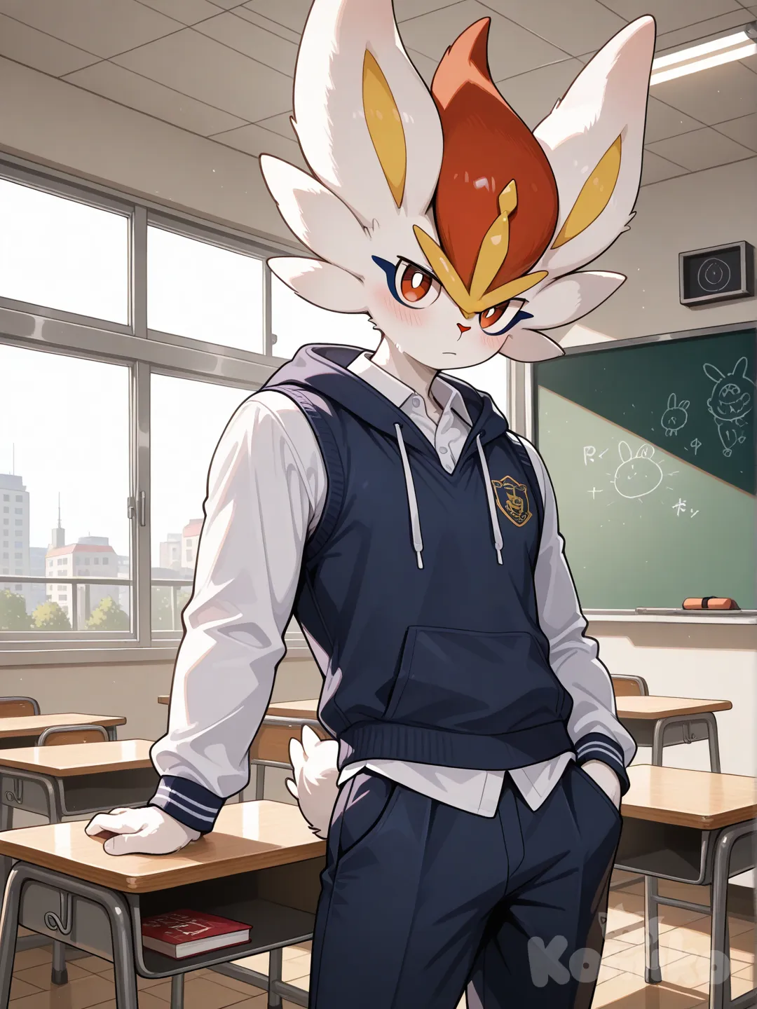 1boy, Cinderace pokemon, furry, teenager, slim, tall, muscular, red eyes, school vest, hoodie, casual pants, school uniform, rabbit ears , polo high shirt ,พื้นหลังเป็นห้องเรียน