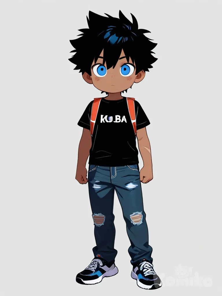 1boy, teenager, curvy, black_hair, spiky_hair, scar, red_eyes, blue_eyes, dark_skin, t-shirt, vest, jeans, single character, full body, looking at viewer, anime style, simple background, white background