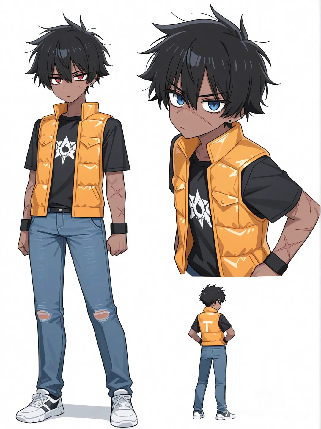 [toon-shaded-style] 1boy, teenager, curvy, black_hair, spiky_hair, scar, red_eyes, blue_eyes, dark_skin, t-shirt, vest, jeans, single character, full body, looking at viewer, anime style, simple background, white background