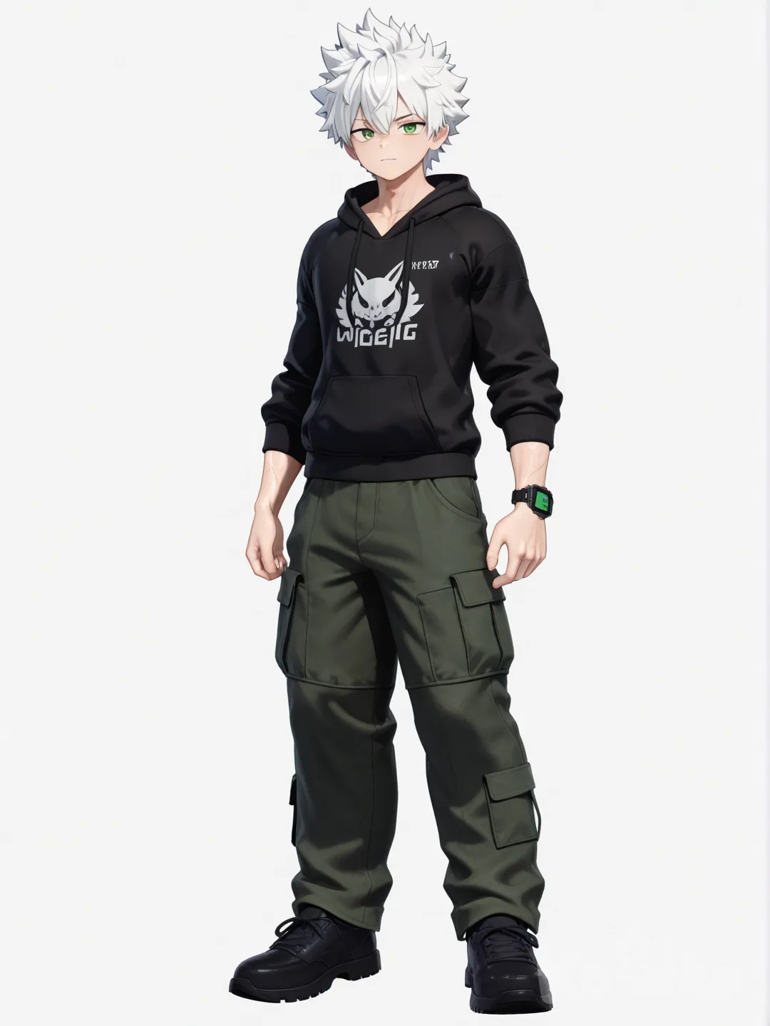 [3d-anime-style] 1boy, teenager, muscular, white hair, spiky hair, green eyes, fair skin, hoodie, cargo pants, digital watch, single character, full body, looking at viewer, anime style, simple background, white background