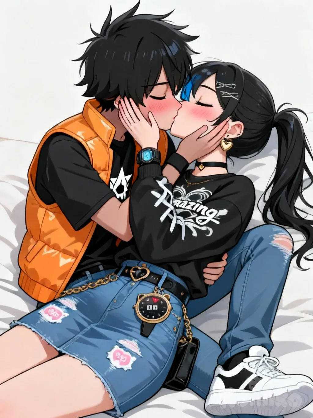 @yuki-kwQT, @mei-80K9, kissing, hands on another's face, on lap, lying, blush, closed eyes