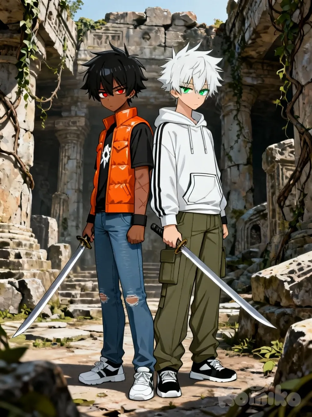 @yuki-kwQT, holding sword, @kudo-eNZ6, ruins, [lacquered-illustration-style], back to back, serious