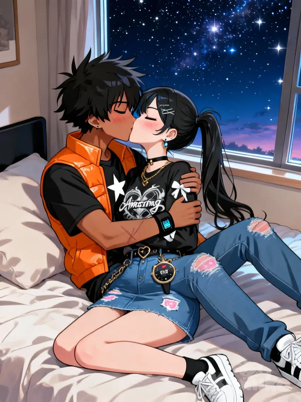 @yuki-kwQT, @mei-80K9, lying, kissing, hugging, sitting on lap, blush, closed eyes, bedroom, window, starry sky, [lacquered-illustration-style]