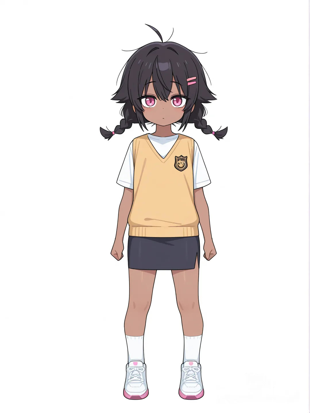 [toon-shaded-style] 1girl, child, short, black hair, spiky hair, braids, pink eyes, dark skin, school vest, t-shirt, pencil skirt, hairpin, single character, full body, looking at viewer, anime style, simple background, white background
