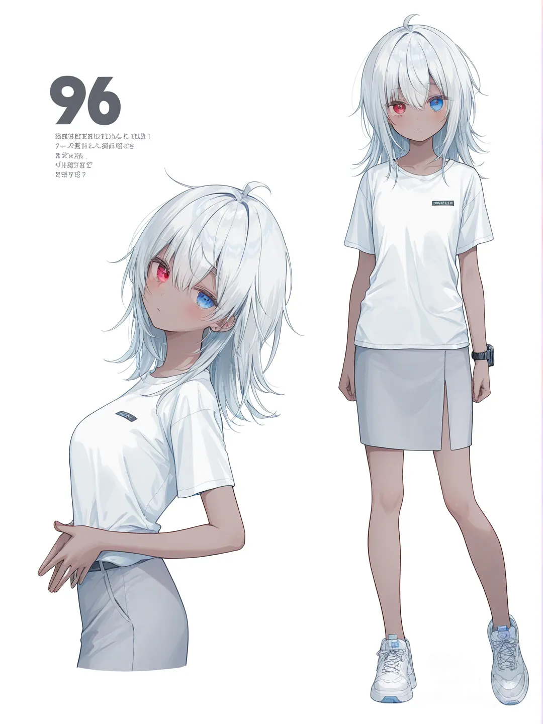 [soft-pastel-style] 1girl, teenager, athletic build, silver hair, spiky hair, heterochromia (red eye, blue eye), dark skin, t-shirt, pencil skirt, digital watch, single character, full body, looking at viewer, anime style, simple background, white background