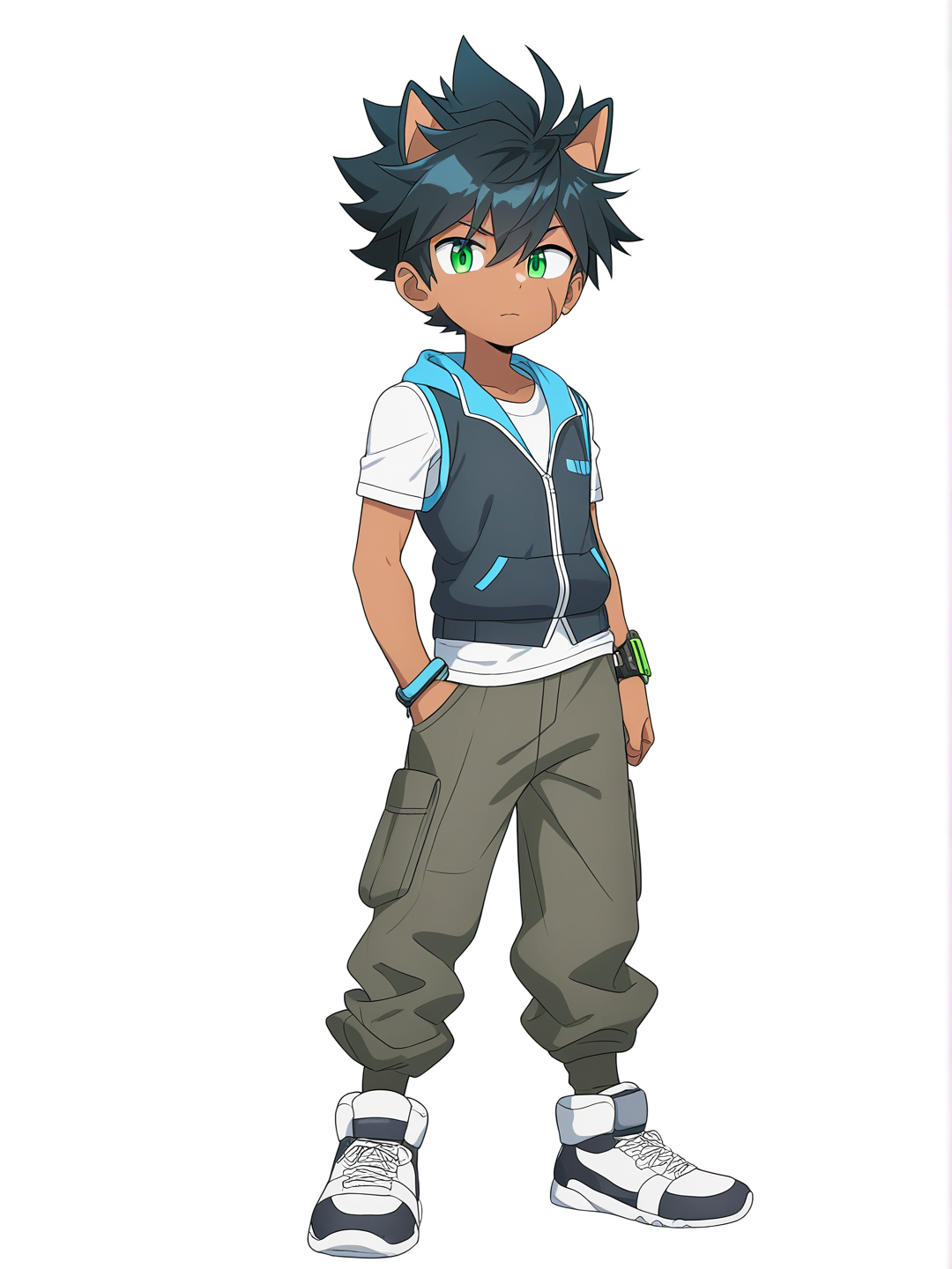 [bright-anime-style] 1boy, sonic the hedgehog, original character, anthropomorphic, animal ears, teenager, athletic, black hair, spiky hair, blue eyes, green eyes, scar, dark skin, t-shirt, vest, cargo pants, digital watch, single character, full body, looking at viewer, anime style, simple background, white background