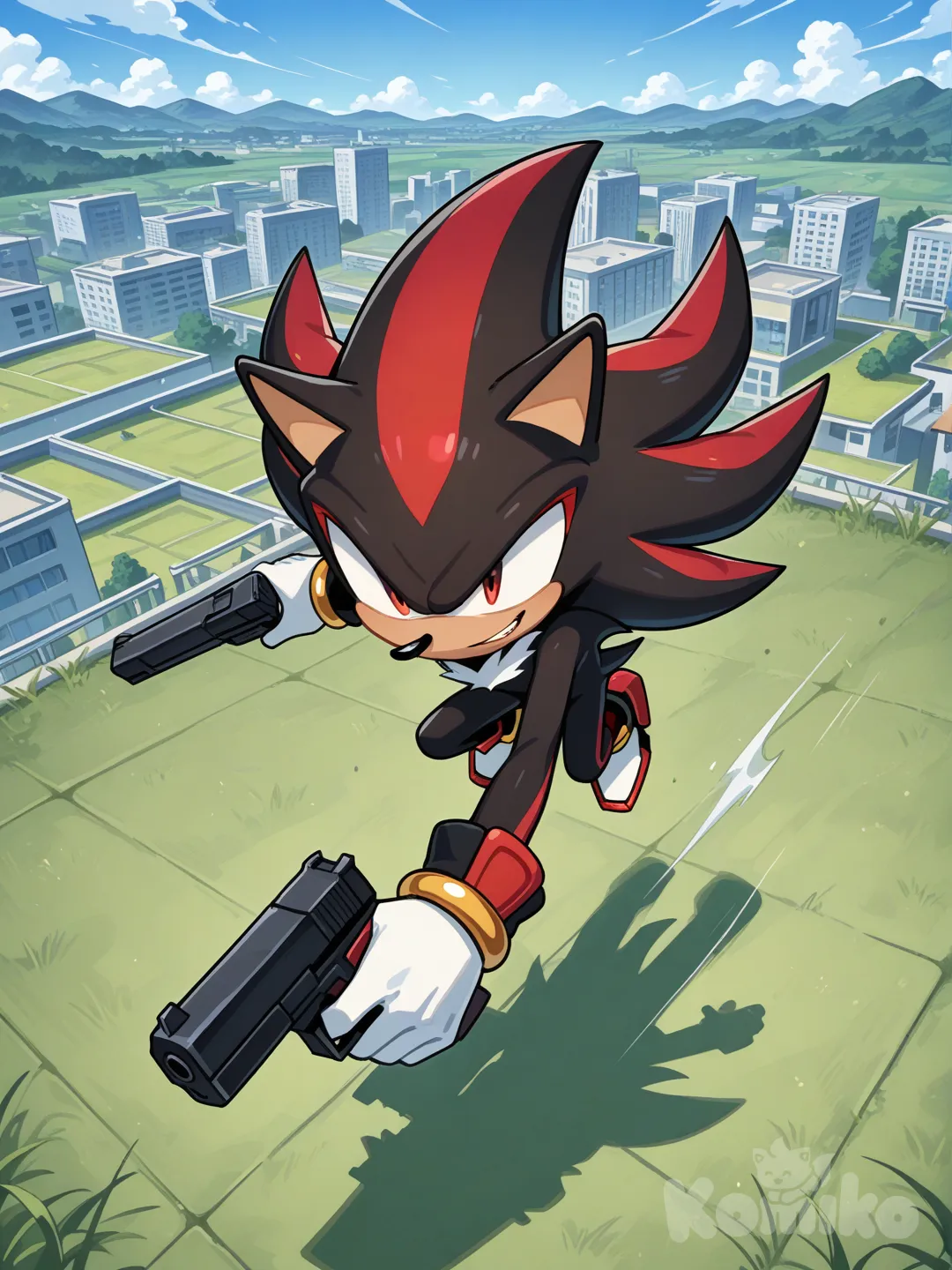 @Shadow_The_Hedgehog, holding gun, jumping from rooftop, angry, evil smile, grassland
