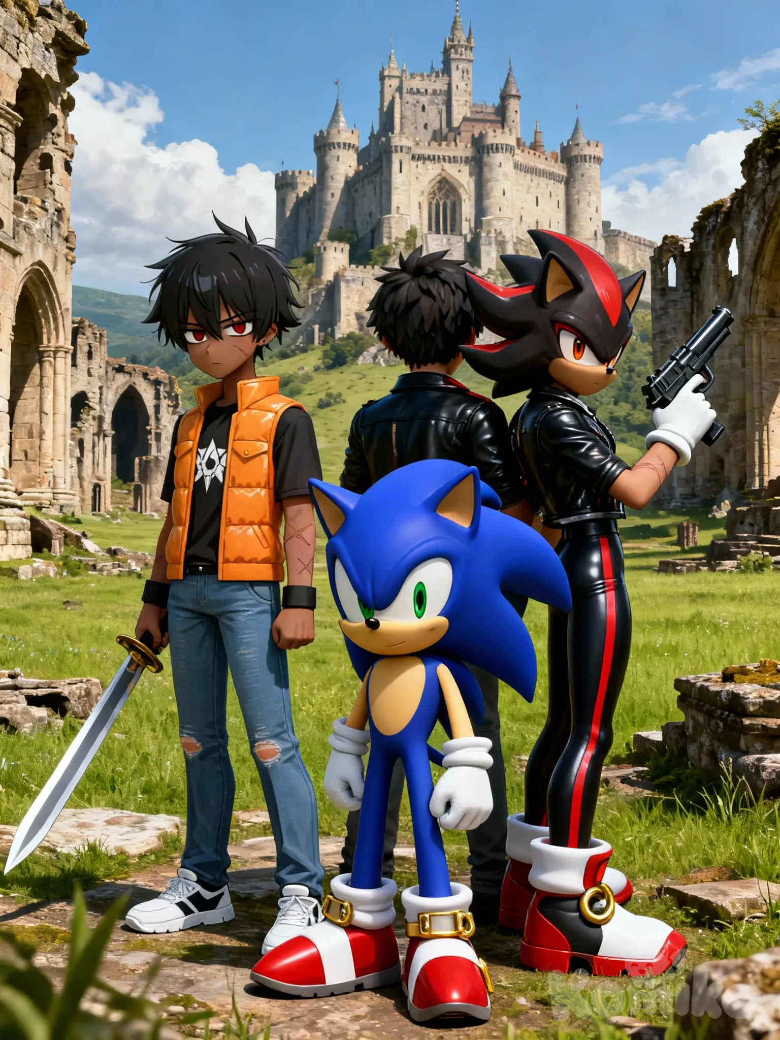 @yuki-kwQT, holding sword, expressionless, @Shadow_The_Hedgehog, holding gun, back to back, gathering together, @Sonic_The_Hedgehog, ruins, grassland, castle