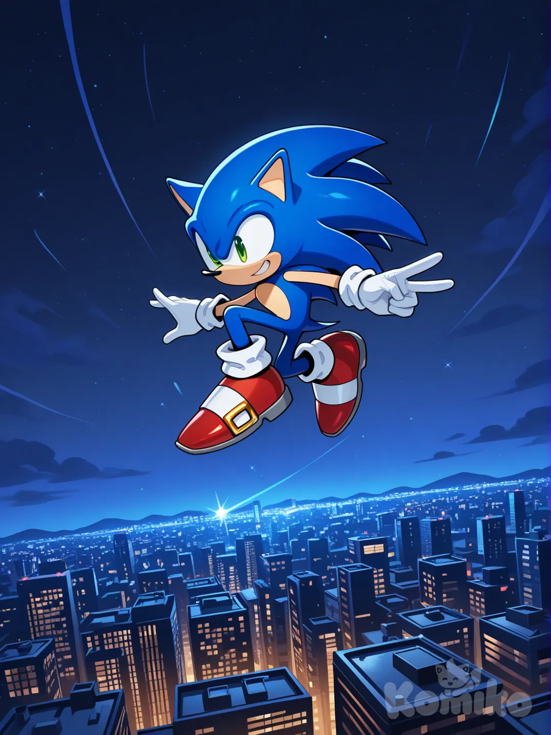 @Sonic_The_Hedgehog, smile, jumping from rooftop, v sign, cityscape