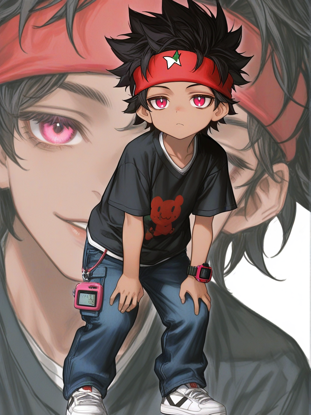 [semi-realistic-portrait-style] 1boy, child, athletic, dark skin, black hair, spiky hair, red eyes, pink eyes, headband, digital watch, t-shirt, casual pants, single character, full body, looking at viewer, anime style, simple background, white background