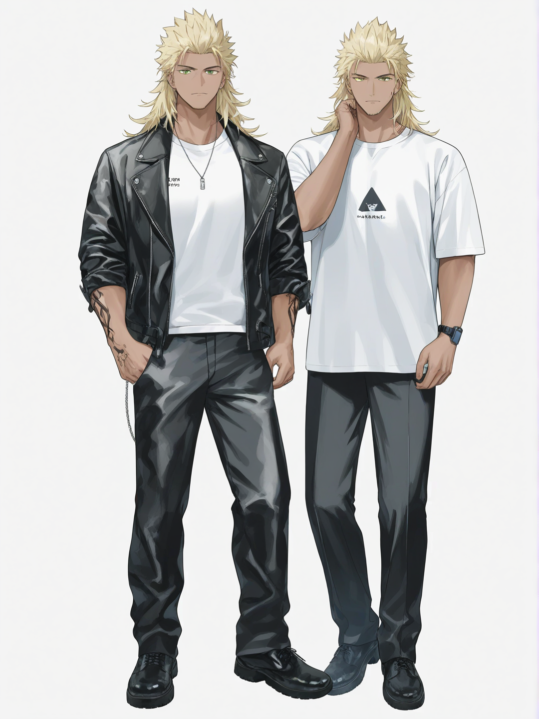 [soft-pastel-style] 1boy, mature male, muscular, blonde hair, long hair, spiky hair, green eyes, scar, tattoo, dark skin, t-shirt, leather jacket, suit pants, digital watch, single character, full body, looking at viewer, anime style, simple background, white background