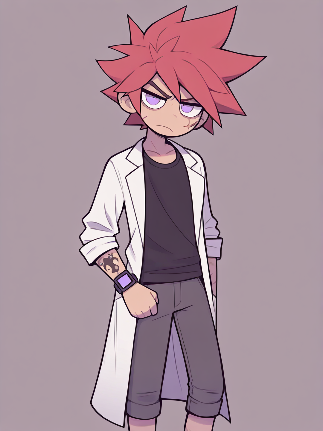 [pop-toon-style]1boy, mature, athletic, spiky hair, red hair, purple eyes, scar, tattoo, tan skin, t-shirt, lab coat, capri pants, digital watch