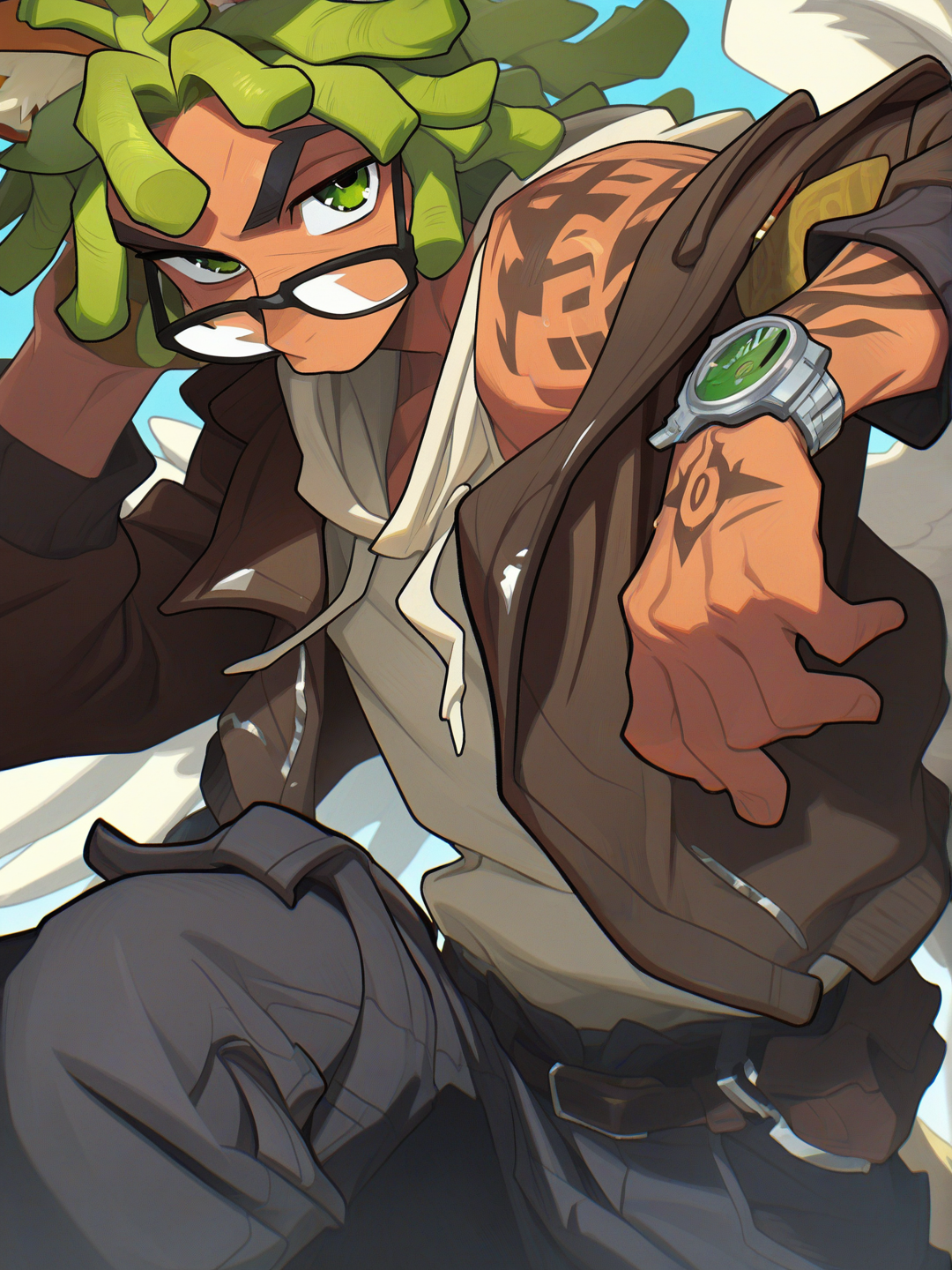 [layered-cel-anime-style]1boy, teenager, muscular, green hair, spiky hair, dreadlocks, green eyes, tattoo, scar, dark skin, hoodie, leather jacket, cargo pants, plastic, mechanical watch, bow, fox ears, glasses, angle wings