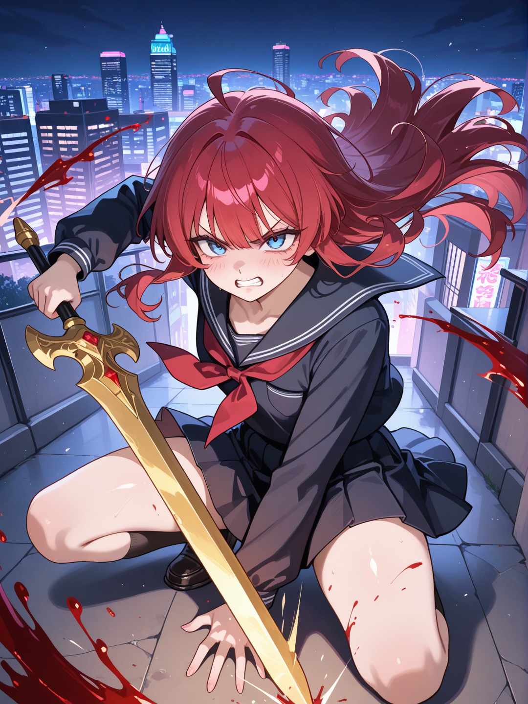Girl Female, redhead, long Hair, blue eyes, school uniform japanese Black, grab sword Golden, rage face, cutting monster, night city