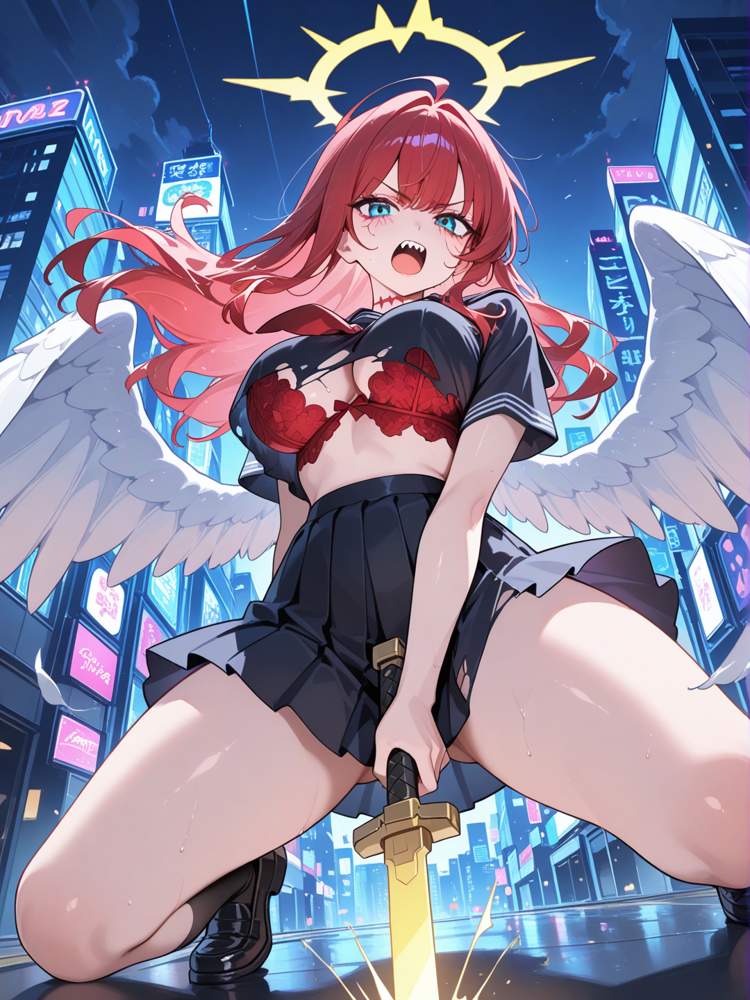 Female, redhead, long Hair, breasts, BLUE eyes, school uniform japanese Black, angel wings, dragon wings, yellow halo, grab Golden sword, cutting Attacking, rage face, ripped clothes exposing red lingerie, night city, from below