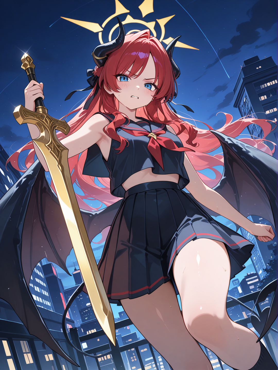 Female, redhead, long hair, blue eyes, sleeveless black sailor school uniform, angel wings and dragon wings, horns and golden halo, angry gaze, holding a golden sword cutting down monsters in the city at night., from below