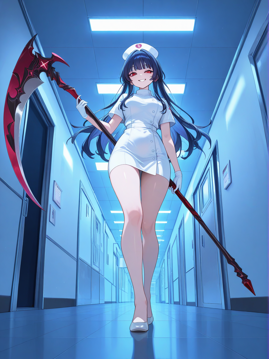 Female, dark blue Hair, red eyes, long Hair, nurse, holding scythe, Full body, hospital night, walking, evil smile, from below