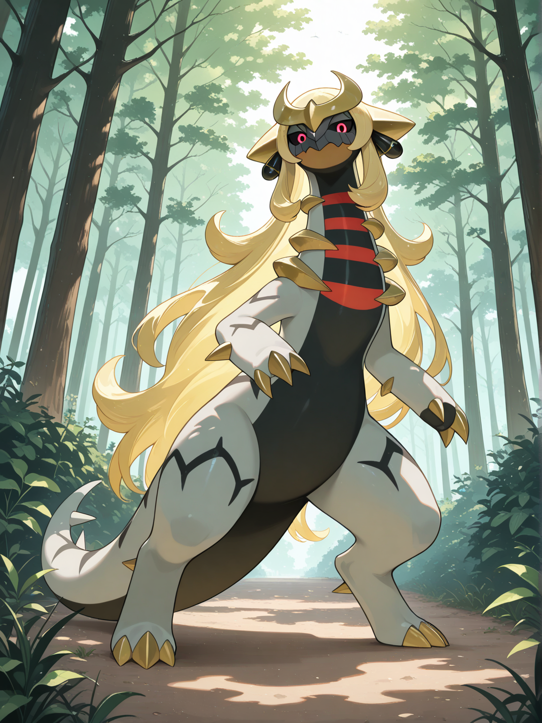 Giratina, Cynthia (Pokemon), furry, naked, standing, Full body, Forest