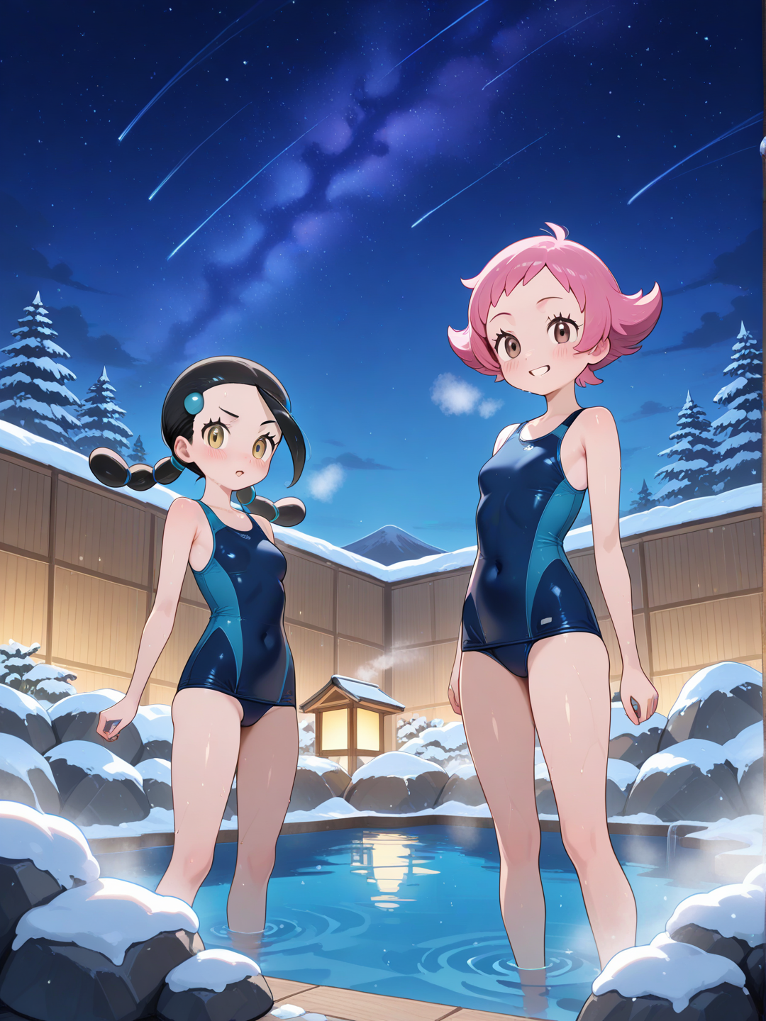 maylene_(pokemon), candice_(pokemon), standing, Full body, snowy, onsen, night, two-tone one-piece swimsuit