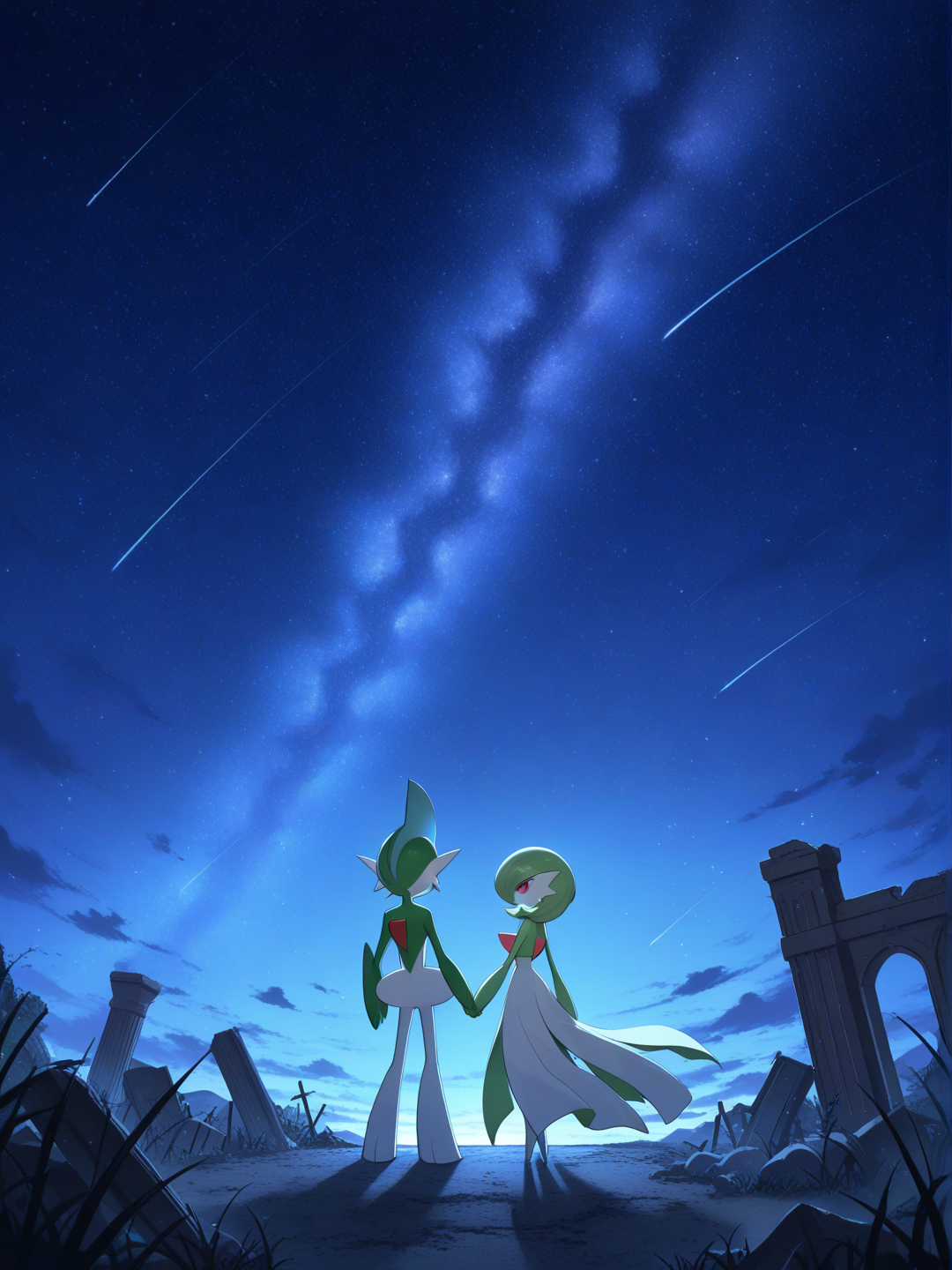 @Gardevoir, @gallade, full body, starry sky, ruins, hugging, holding hands