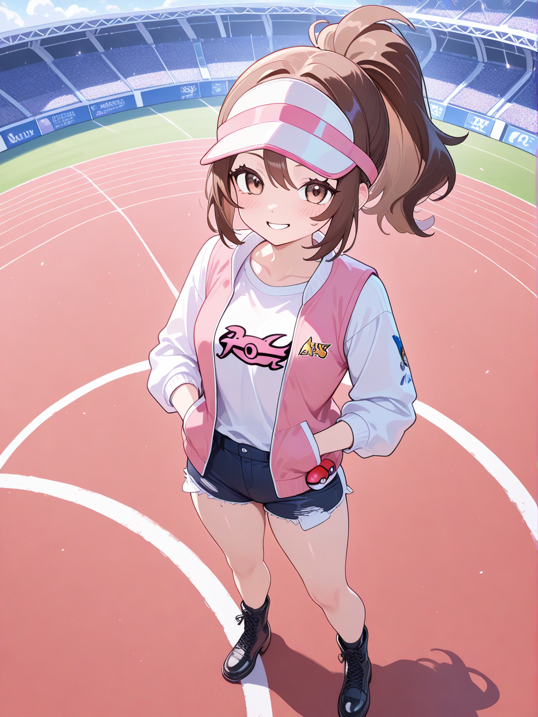 Girl, Visor, short shorts, pink vest, white shirt, black boots, ponytail, brown hair, holding a Poké Ball, Full body, standing, hands in pockets, smile, from above, stadium