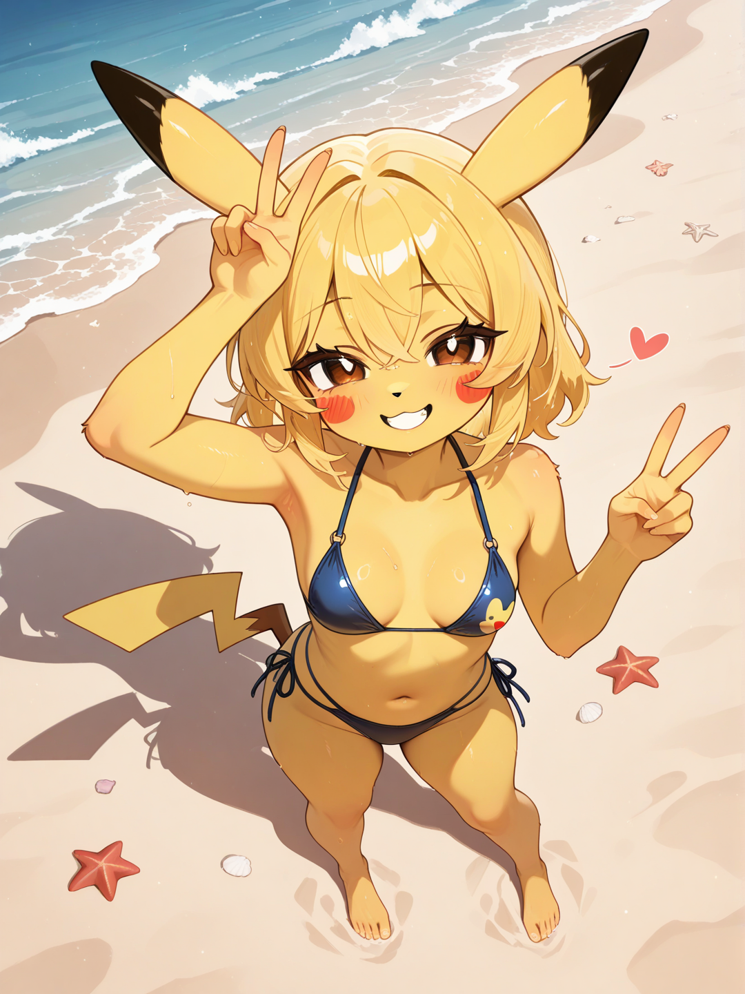 Pikachu, humanoid, furry, bikini, Beach, evil Smile, Full body, v sign, from above, looking at viewer