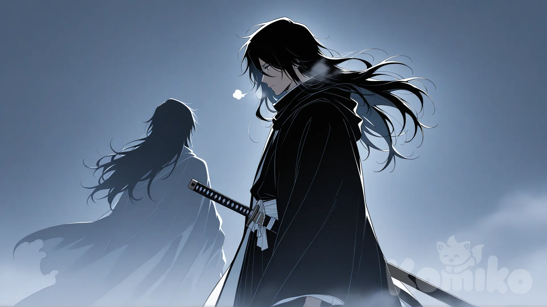 Anime silhouette inspired by Tite Kubo's Bleach art style.
Side profile of a warrior with long hair and a flowing cloak whipping in the wind.
Strong black shadows, bold sharp outlines, and high-contrast cel shading.
Minimalistic background with swirling fog and dramatic lighting.
The warrior slowly draws his katana halfway out of the sheath, gripping the handle firmly with a sense of reluctant resolve.
A faint sigh escapes his lips, visible as a small wisp of breath mixing into the fog.
Subtle tension in his posture, cloak wavering behind him, highlighting the quiet moment before battle.
Moody atmosphere, cinematic composition, emotional silence before action.