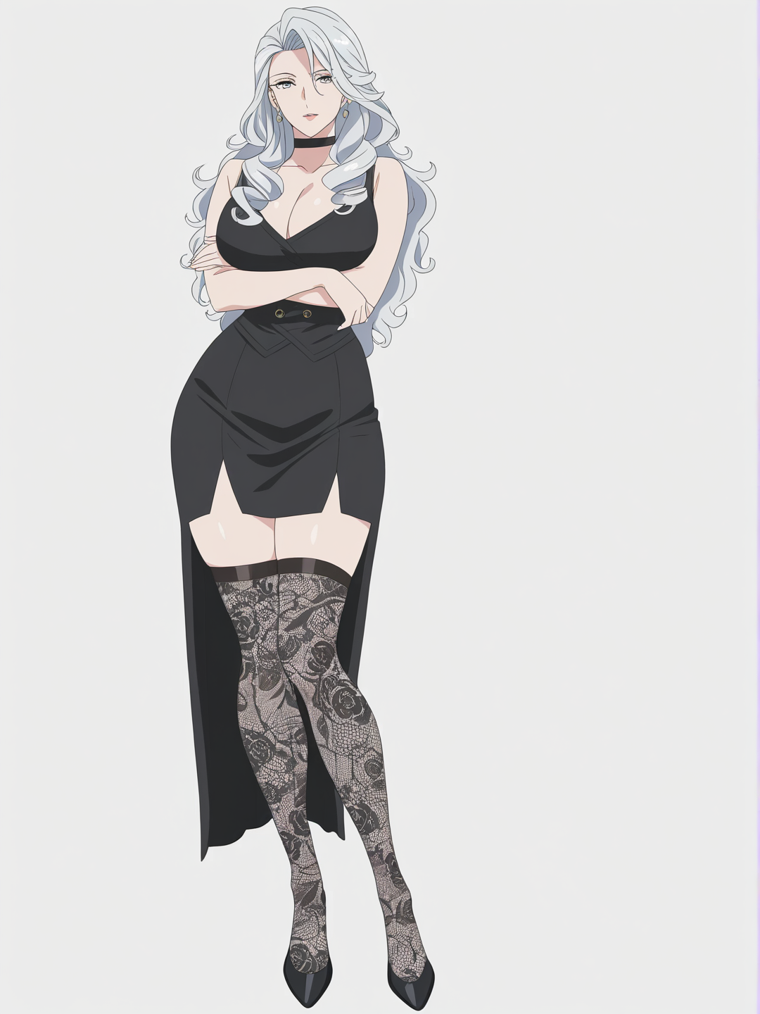 [bright-anime-style] 1girl, mature female, curvy, silver_hair, long_hair, curly_hair, grey_eyes, dimples, fair_skin, black_and_white_skirt, lace, choker, earrings, knee_high_socks, single character, full body, looking at viewer, anime style, simple background, white background