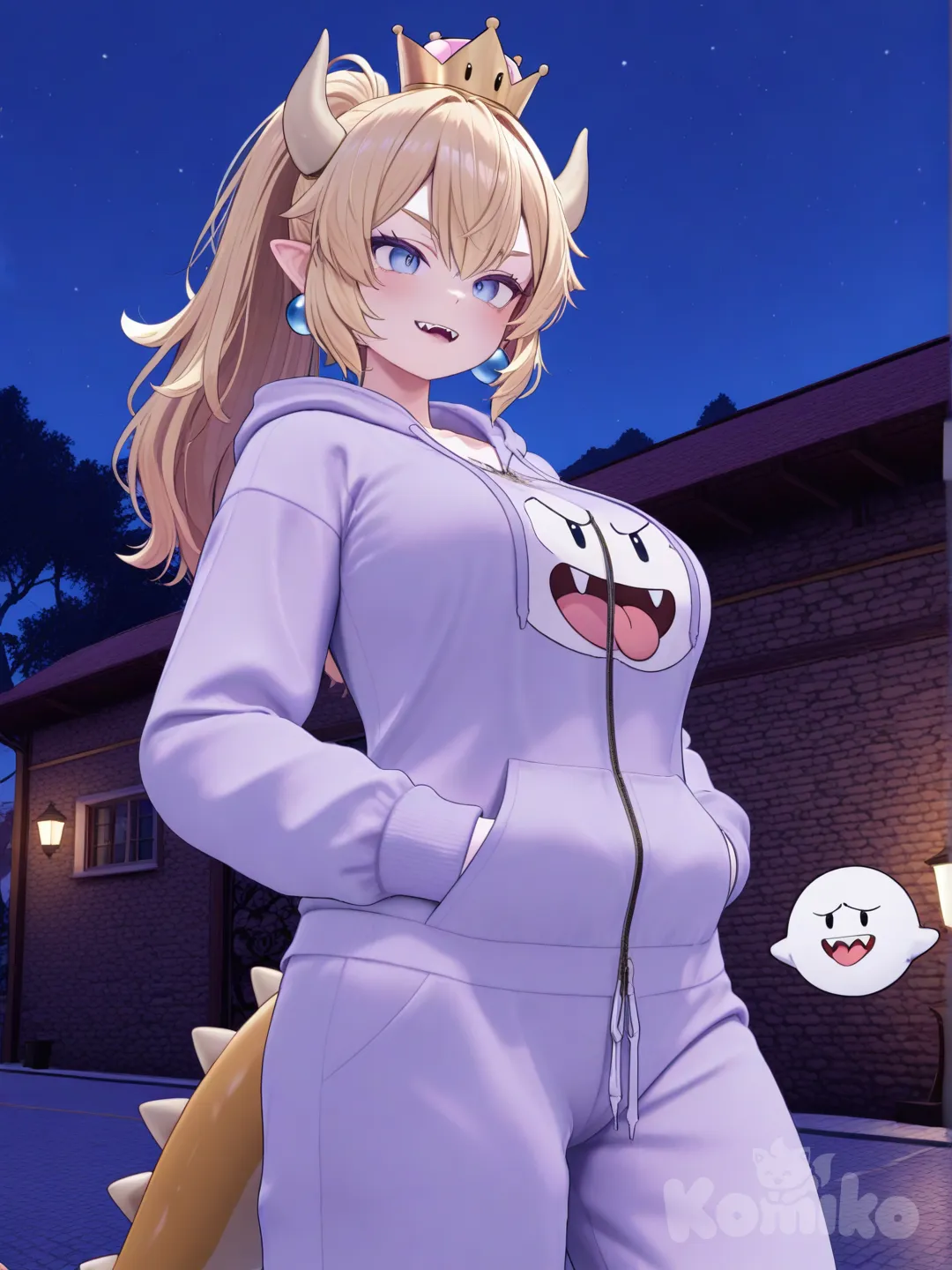 [3d-anime-style], hoodie, pajamas, plastic, night, hands in pockets, Princess King Boo, hentai, Bowsette