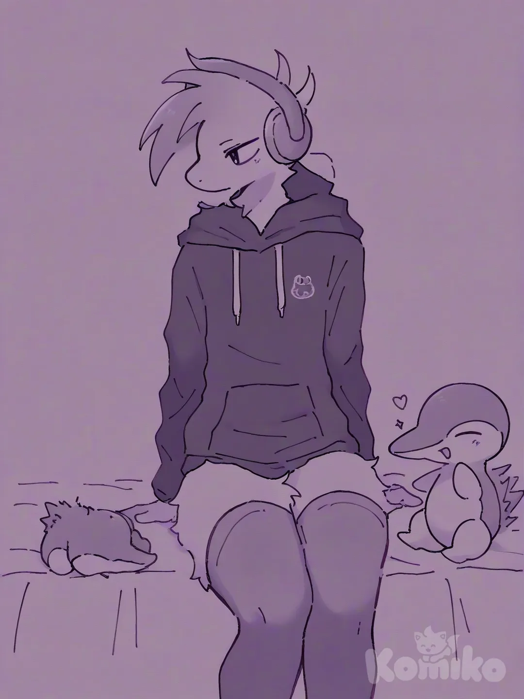 furry male, sitting, on bed, 1boy, _(Full), [pokemon-style], Cyndaquil, hoodie, ruffles, headphones, knee-high socks