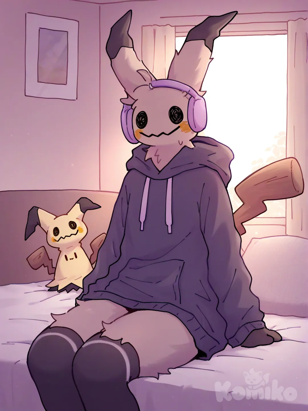 furry male, sitting, on bed, 1boy, _(Full), [pokemon-style], hoodie, headphones, knee-high socks, vibrant color, ruffles, day, @Mimikyu