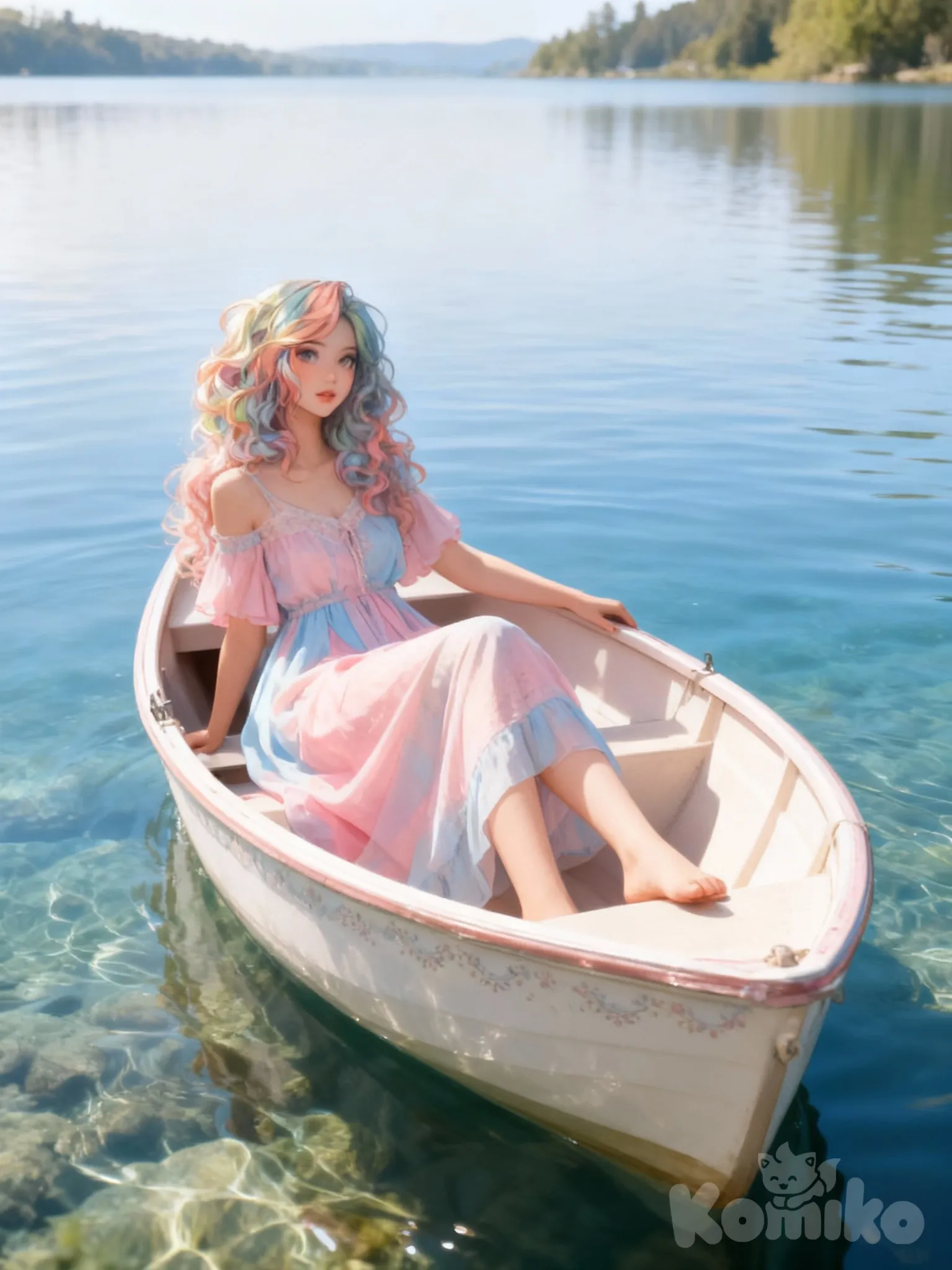 Dibujame a esta chica con un vestido multicolor, que los colores principales sean rosa claro y celeste. Y que ande sentada en un pequeño barco hermoso en un hermoso lago.