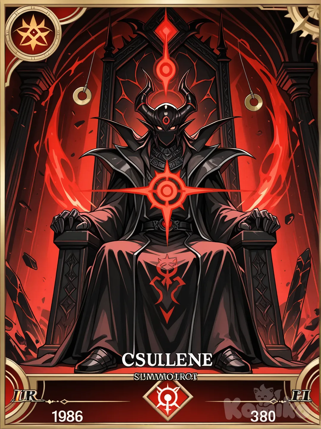 > En estilo del anime de Yu-Gi-Oh!, dibuja una ilustración para una carta de Monstruo.
Un demonio soberano de aspecto majestuoso y oscuro, sentado en un trono imponente formado por artefactos y símbolos de diferentes tipos de invocación.
Lleva una túnica escarlata profunda, elegante y rasgada en los bordes, que parece contener una energía carmesí brillante en su interior.
Su rostro está parcialmente oculto por sombras, con ojos rojos luminosos que transmiten dominio absoluto.
Una de sus manos se extiende hacia el frente como si controlara el campo de batalla, mientras la otra sostiene un símbolo místico que representa el poder de múltiples invocaciones.
A su alrededor flotan cinco emblemas de energía distintos, cada uno representando un tipo de invocación diferente.
El fondo es una sala oscura y abisal, con columnas gigantes, círculos mágicos rotos y fragmentos flotantes, creando una atmósfera de poder final y autoridad suprema.
Ilustración detallada, épica, sin gore, iluminación dramática, composición vertical, arte limpio y apto para una carta oficial de Yu-Gi-Oh!. Inspirado en el Rey Escarlata, imagen de referencia.