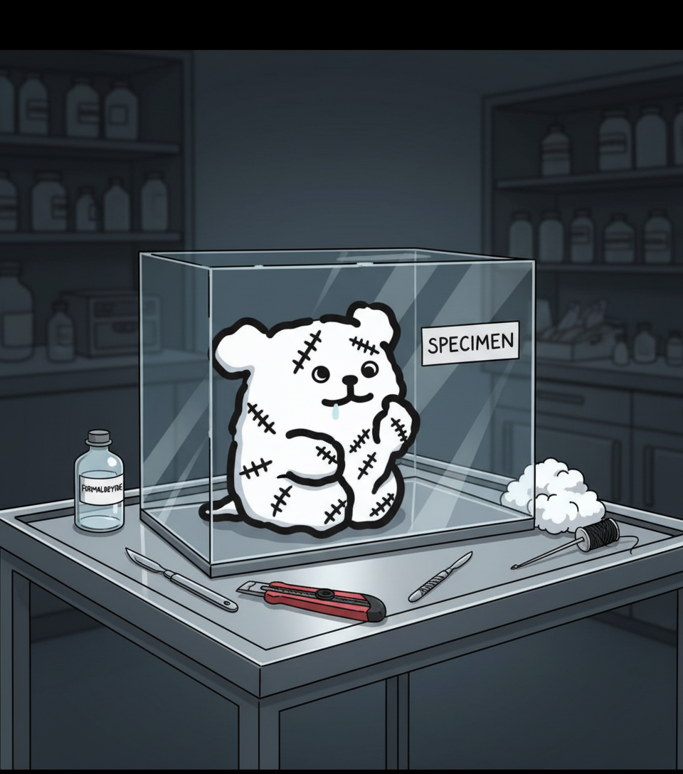 在图中，一只白色的狗安静地坐立着，与参考图完全一致。它身上满是缝合线的伤口，并被安放在一个标有“标本”中文字样的玻璃罩下，暗示它是具尸体制成的标本。背景中可以看到手术刀、切割机、福尔马林、填充棉花以及针线，营造出一种诡异的医学实验室氛围。, anime style
