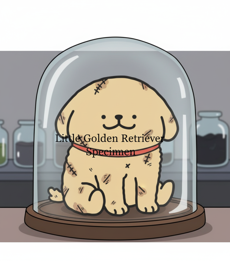 一只黄狗安静地坐着，与参考图完全一致，身上有很多伤口缝合线，并被放置在一个标有“小金毛标本”中文字样的玻璃罩下，暗示这是一个尸体制成的标本, anime style