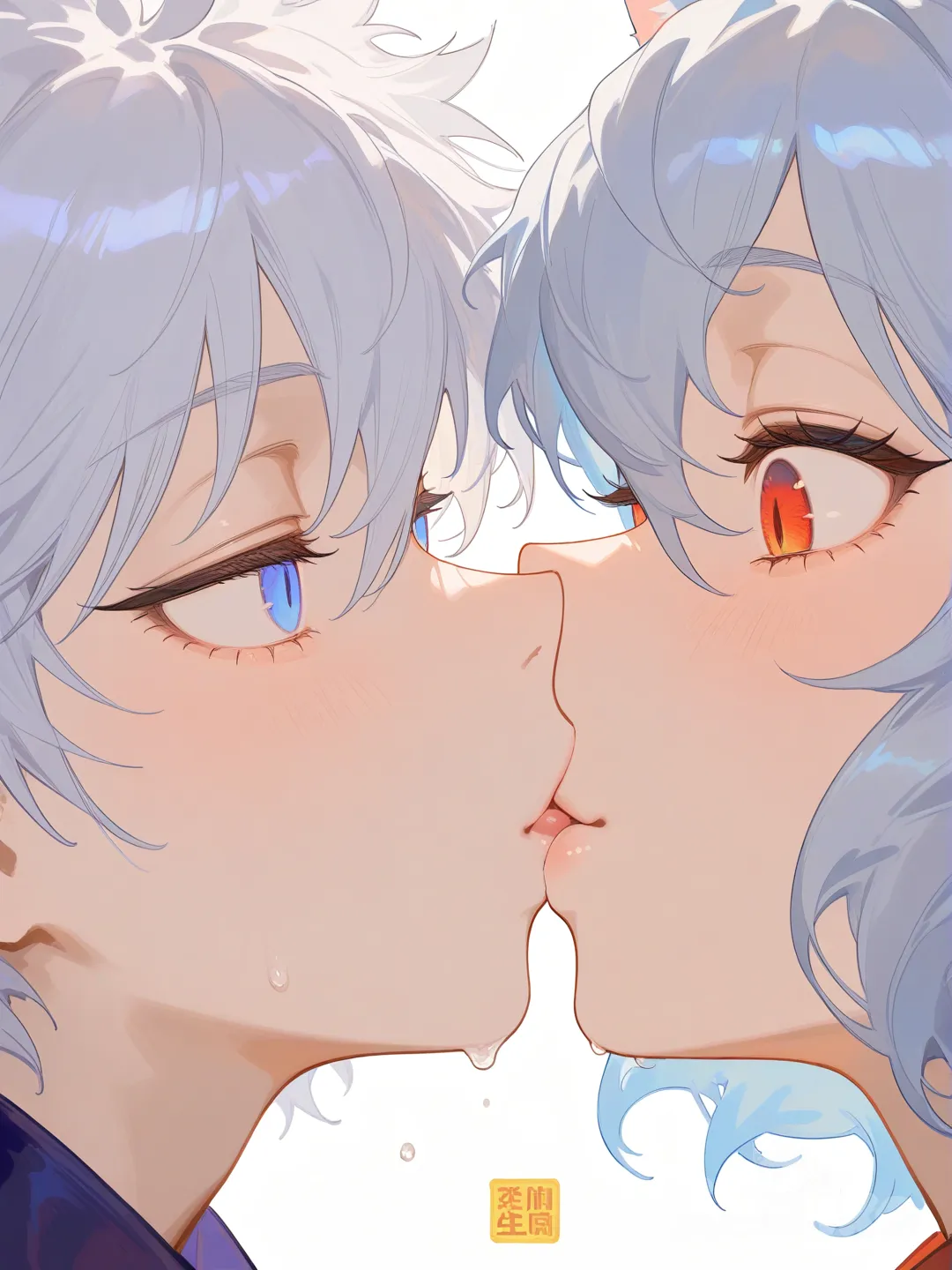 Neferpitou, Killua Zoldyck, kissing, [soft-shading-style], portrait