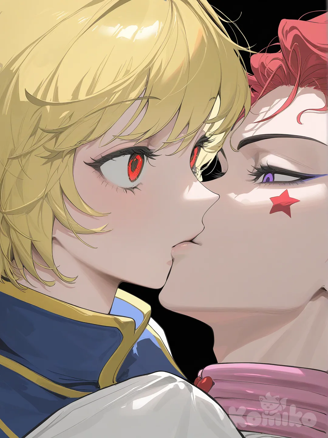 Kurapika, Hisoka Morow, [vibrant-anime-style], kissing, portrait