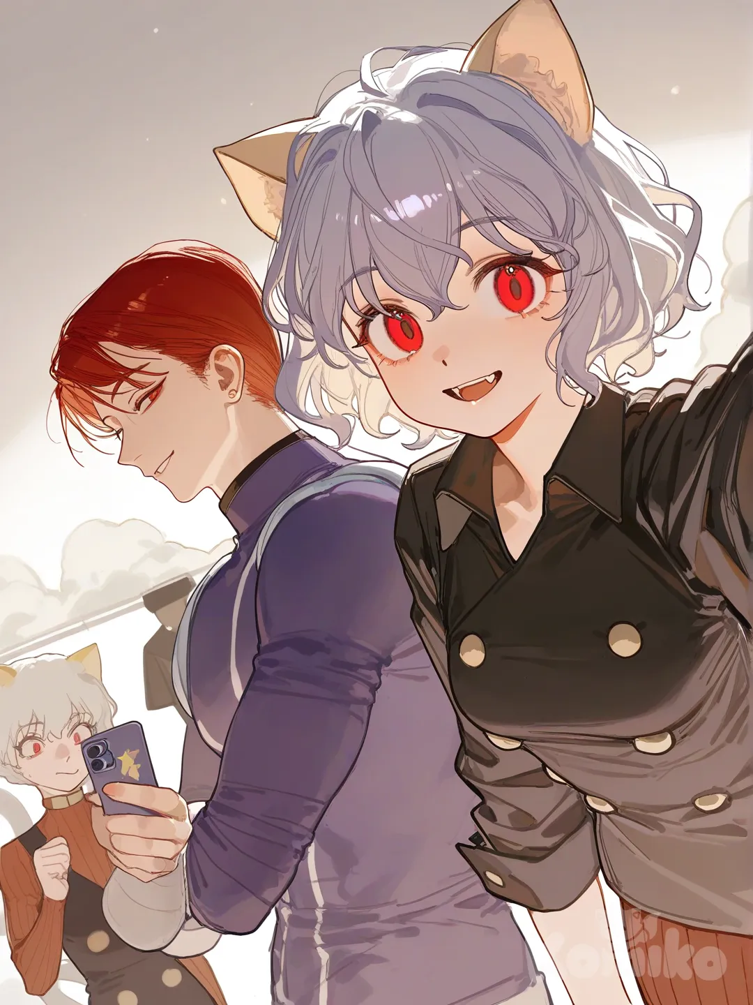 Neferpitou, Hisoka Morow, [lacquered-illustration-style], selfie, portrait