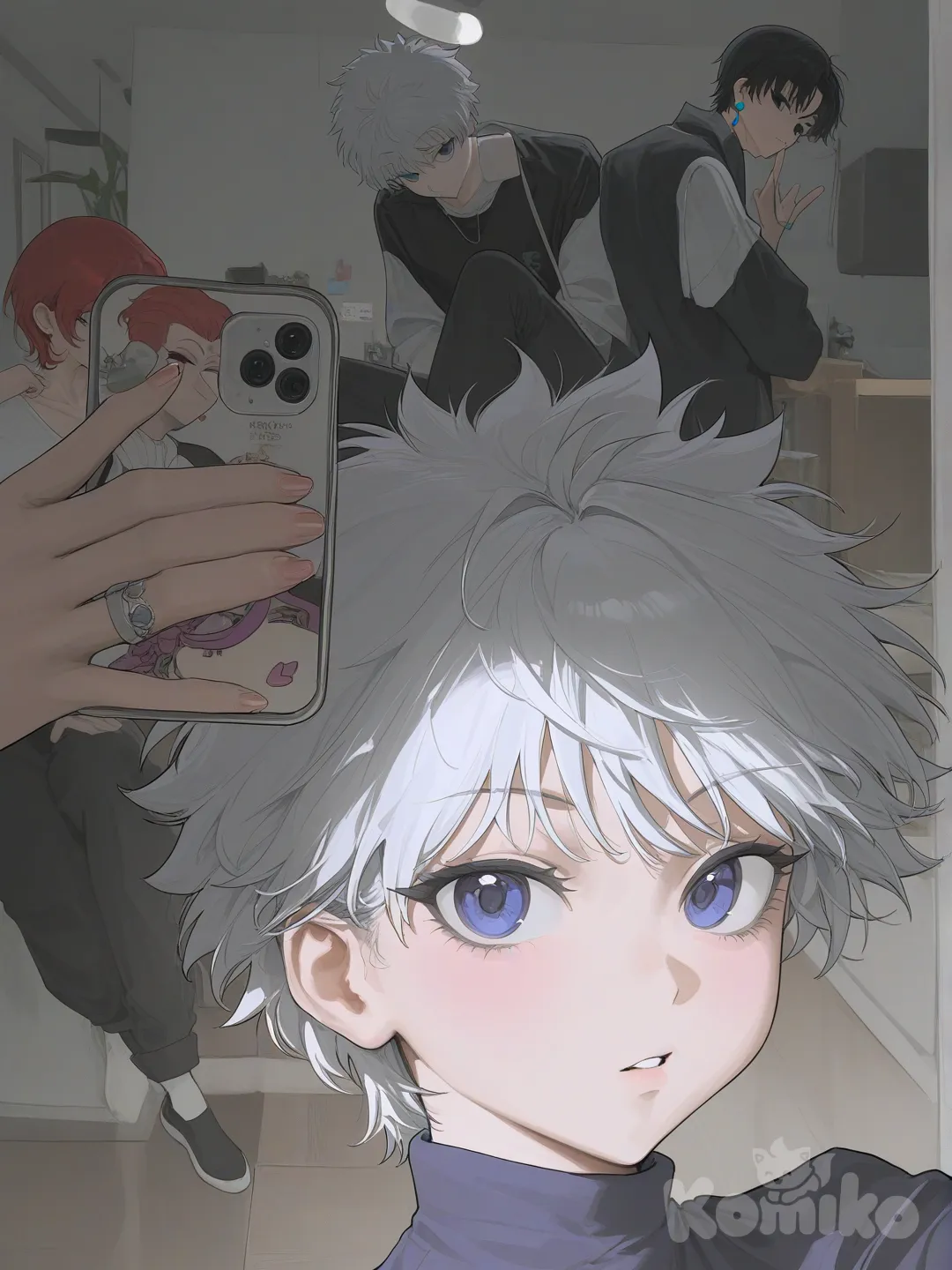 Kurapika, Killua Zoldyck, Chrollo Lucilfer, Hisoka Morow, [vibrant-anime-style], selfie, portrait, full body