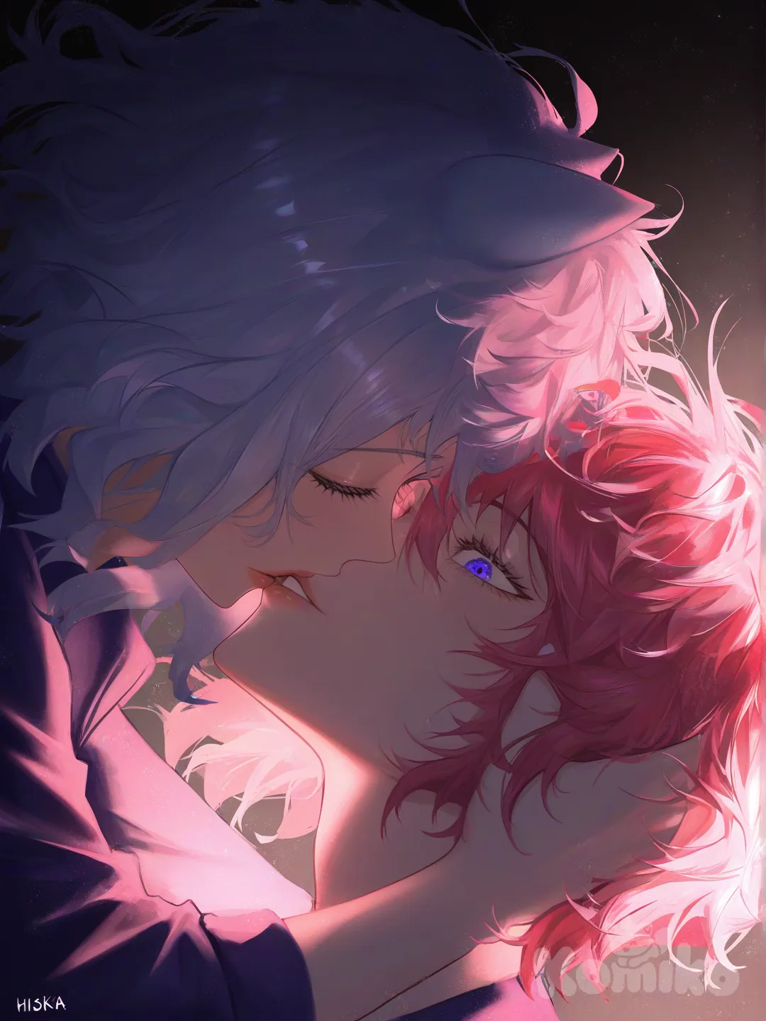 Hisoka Morow, Neferpitou, [moody-glow-style], kissing, portrait
