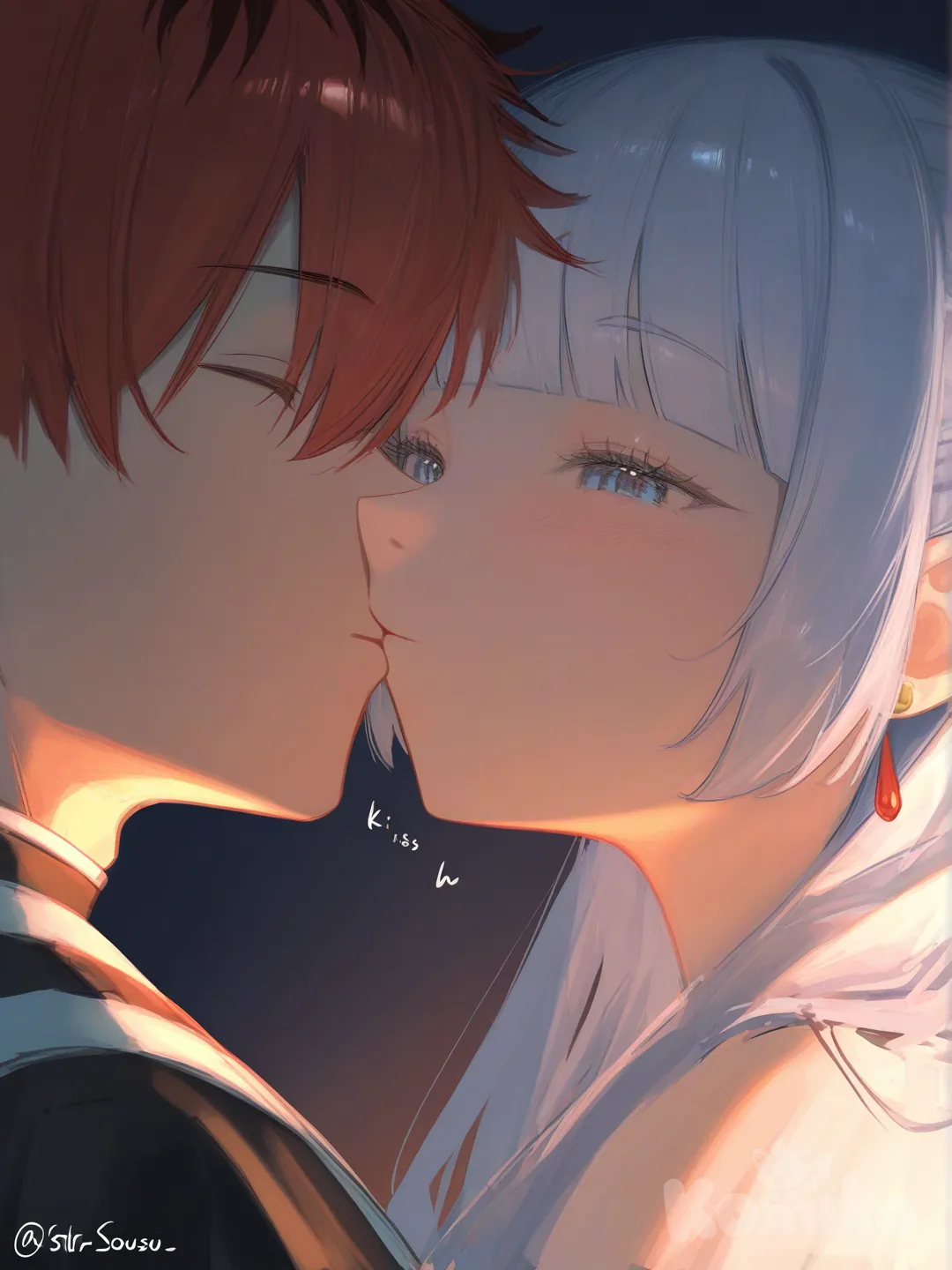 Stark (Sousou No ), Fern (Sousou No ), Fern (Sousou No ), Stark (Sousou No Frieren), Fern (Sousou No Frieren), [moody-glow-style], kissing, portrait