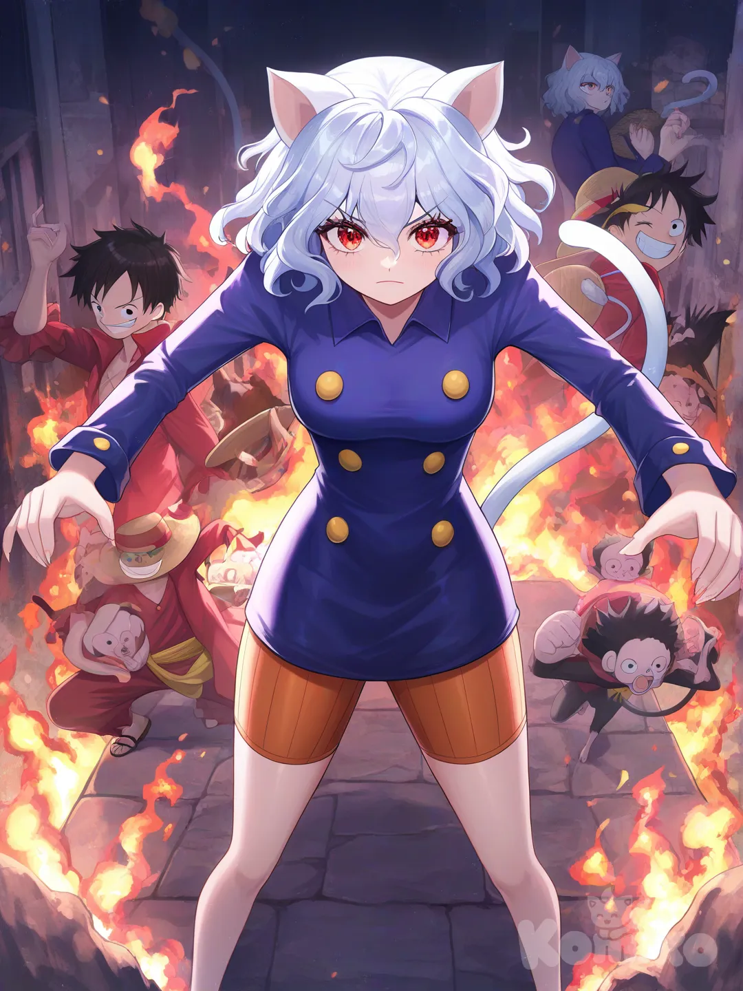 Monkey D. Luffy, Neferpitou, [moody-glow-style], portrait, full body