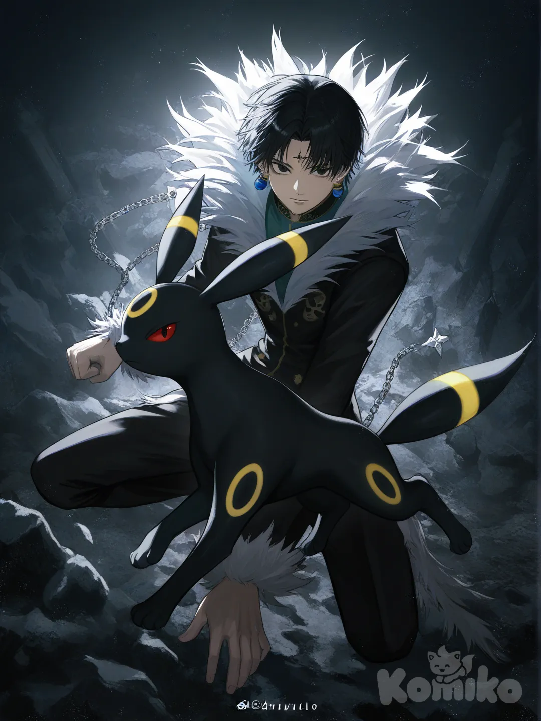 Umbreon, Chrollo Lucilfer, [moody-glow-style], portrait, full body