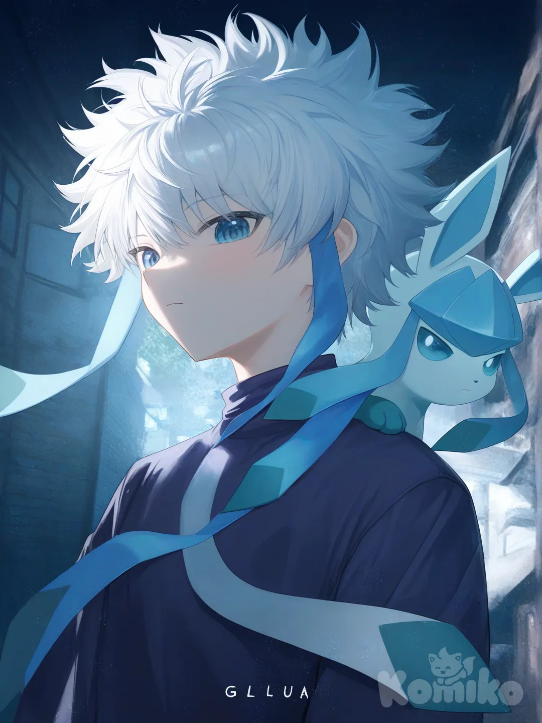 Glaceon, Killua Zoldyck, [moody-glow-style], portrait, full body