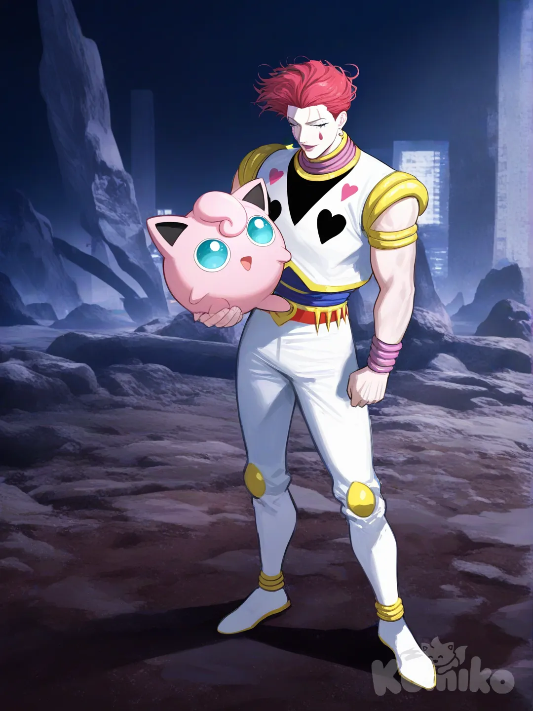 Jigglypuff, Hisoka Morow, [moody-glow-style], portrait, full body
