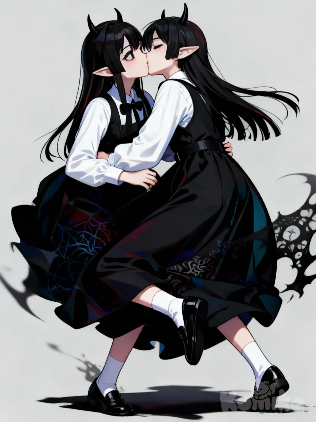 <tamaome-cnLG>, Killua Zoldyck, kissing, anime coloring, gothic, portrait, full body