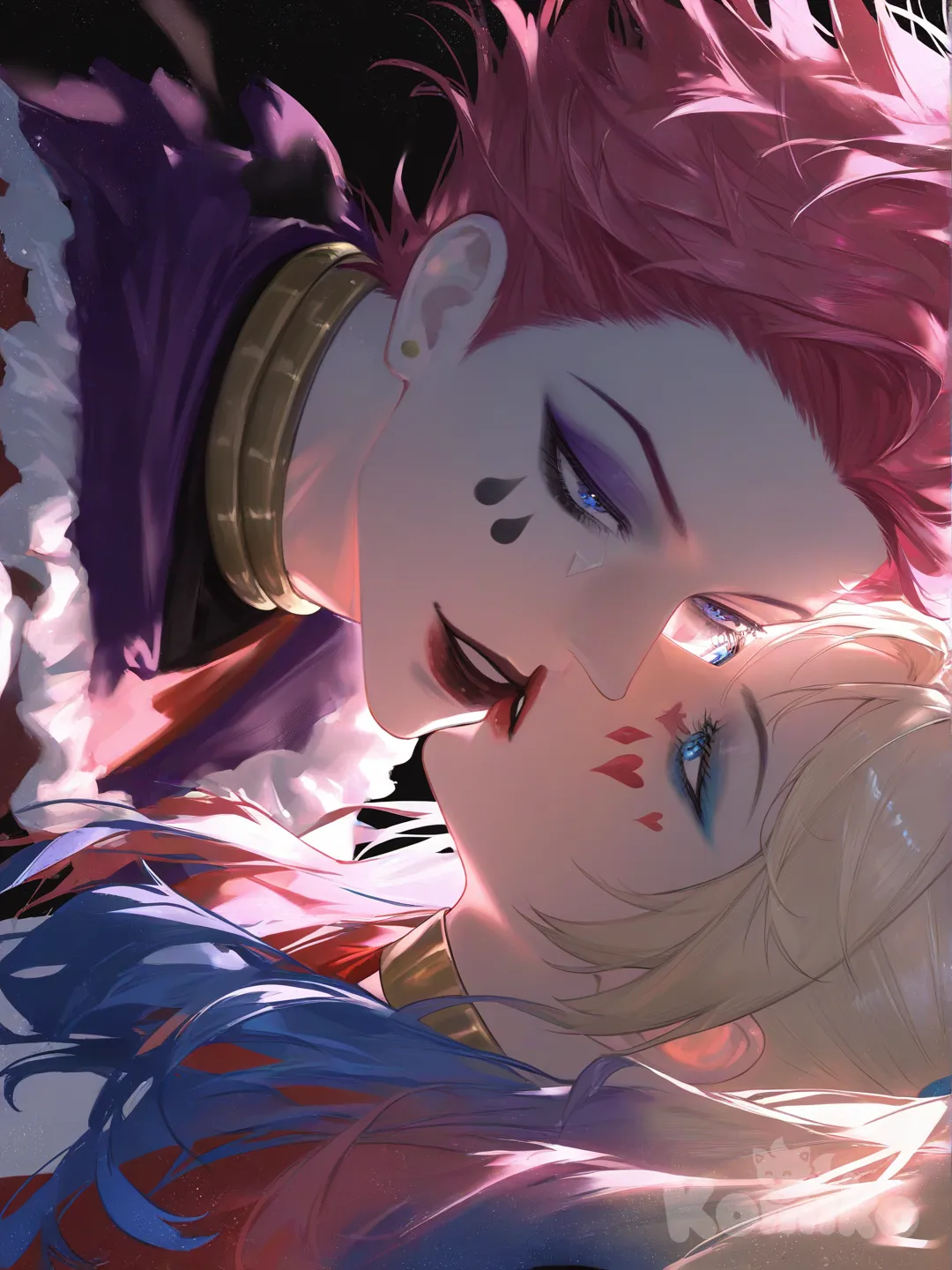 Harley Quinn, Hisoka Morow, [moody-glow-style], kissing, portrait, full body